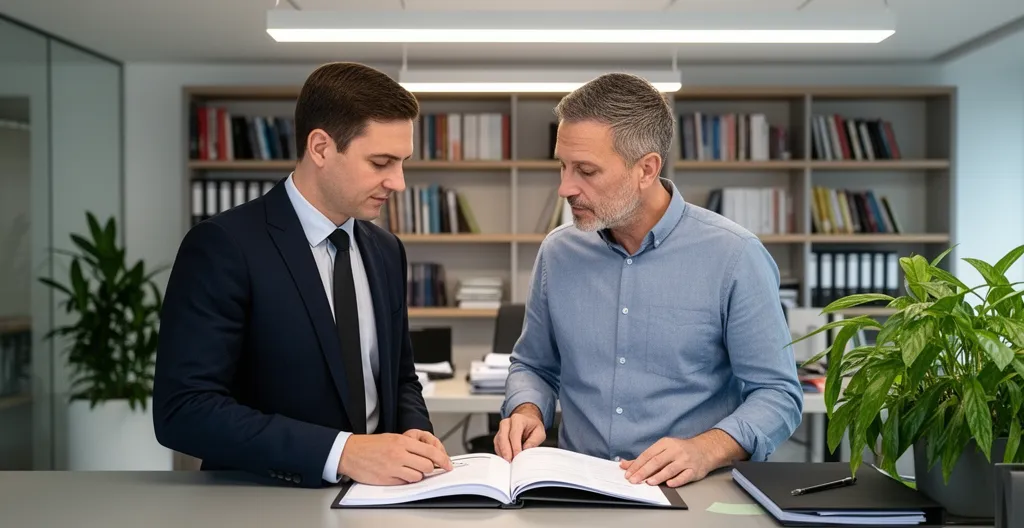 Professionnel et client debout côte à côte regardant un dossier posé sur bureau