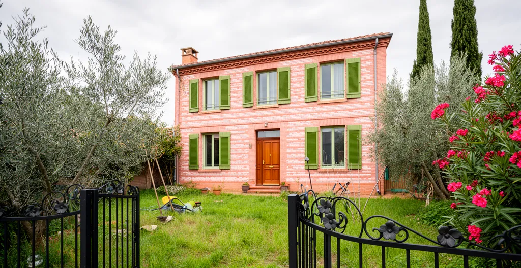Façade de maison individuelle en briques roses avec jardin avant