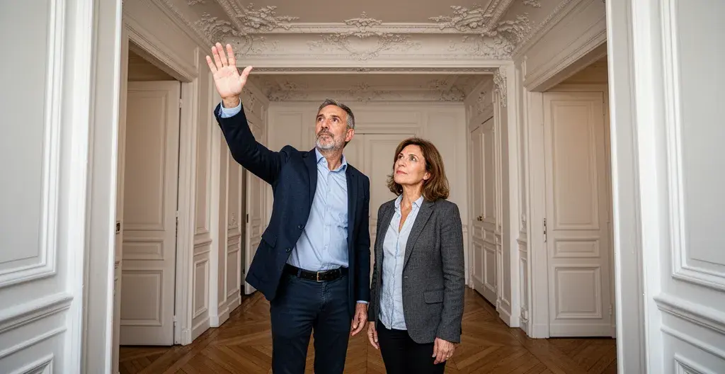 Agent immobilier présentant les caractéristiques d'un appartement parisien lors d'une estimation