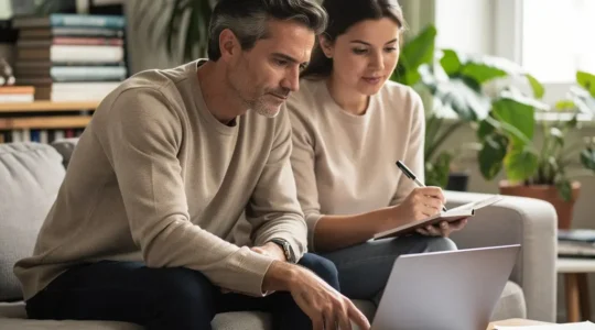 Couple trentenaire consultant ensemble un ordinateur pour choisir un courtier immobilier