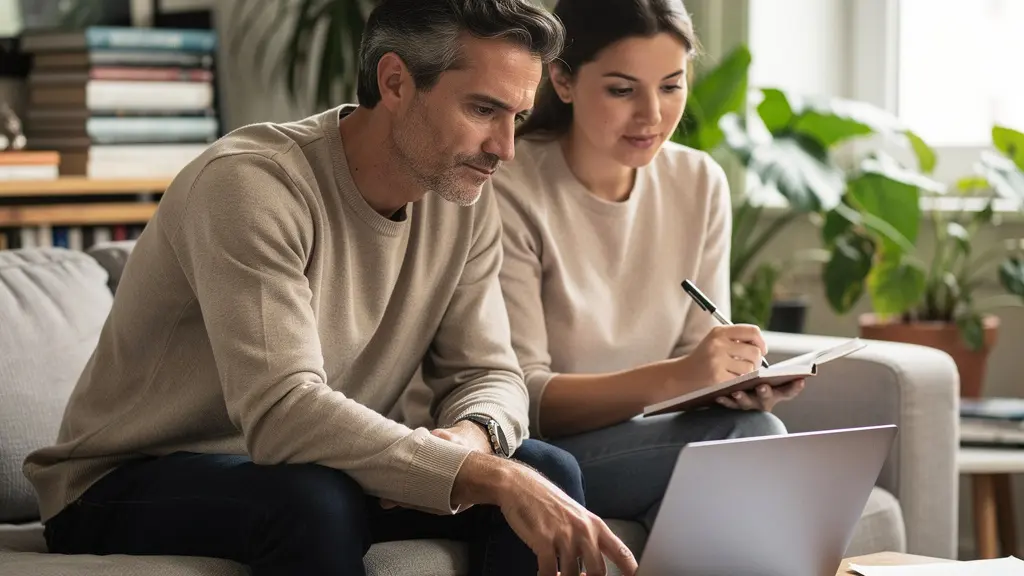 Couple trentenaire consultant ensemble un ordinateur pour choisir un courtier immobilier