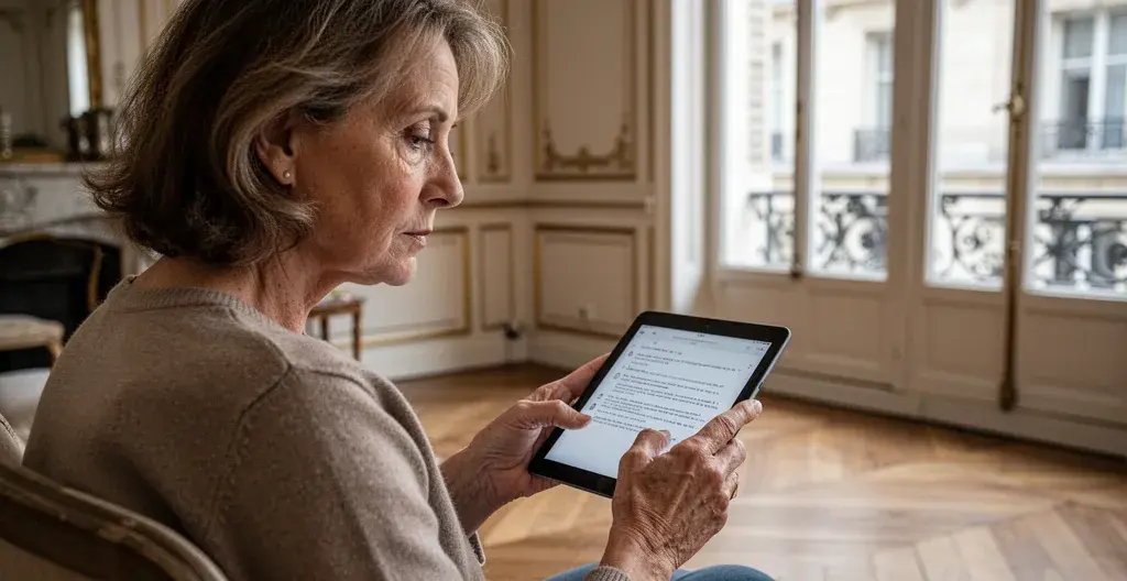 Propriétaire parisienne consultant une estimation immobilière sur tablette dans son salon
