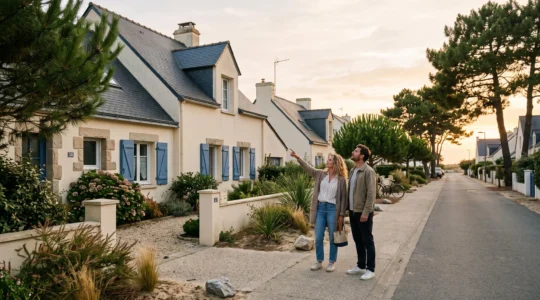 Un couple observant la façade d'une maison individuelle dans une rue résidentielle de Saint-Hilaire-de-Riez en fin de journée.
